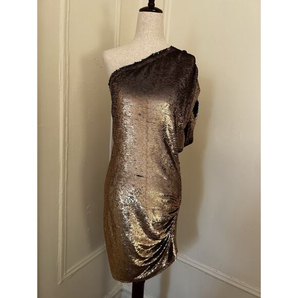 IRO‎ Gold Sequin One Shoulder Mini Dress | 40 - Picture 3 of 6